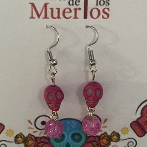 Handmade Hot Pink Skull Earrings with bead dangle